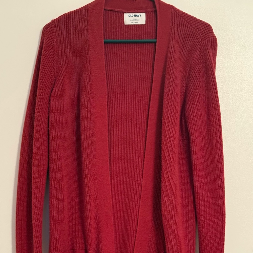 Old Navy, deep, red cardigan and matching T-shirt